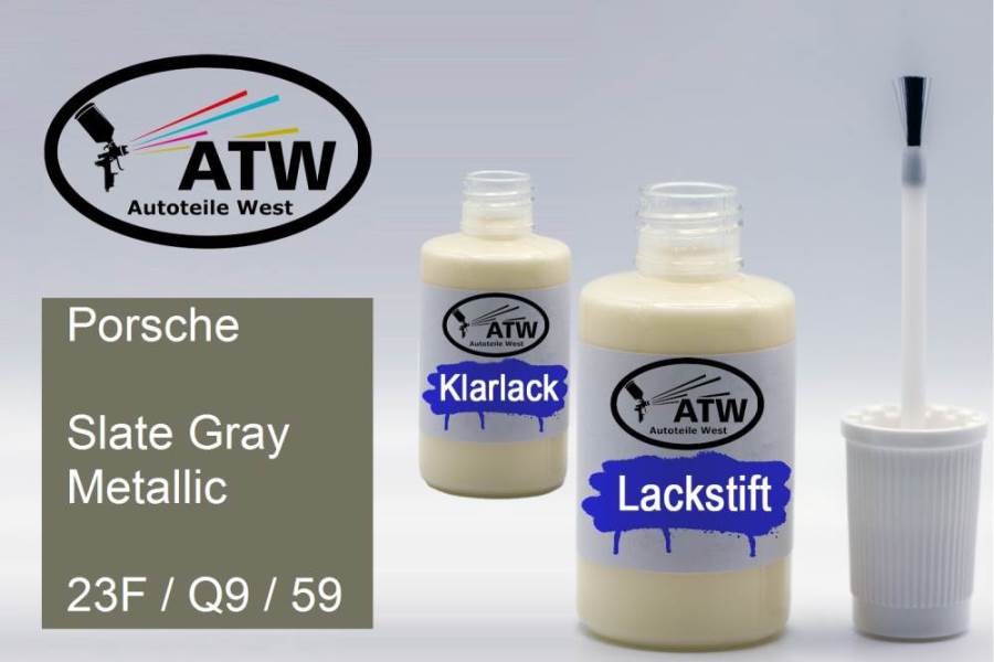 Porsche, Slate Gray Metallic, 23F / Q9 / 59: 20ml Lackstift + 20ml Klarlack - Set, von ATW Autoteile West.